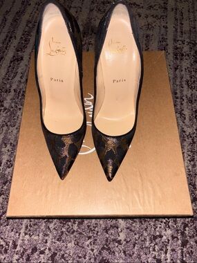 Christian Louboutin Black and Gold Leopard-Accent Pointed Pumps